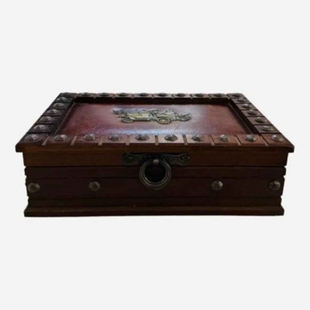 Vintage Wood Brass Leather Jewelry Box 10” Mini Chest Storage Case Velvet Lined